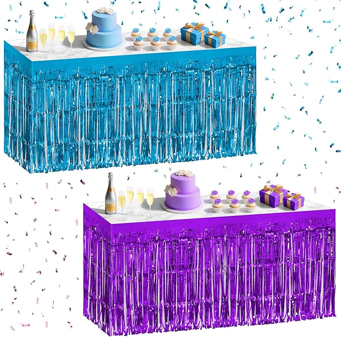 2 Pack Lake Blue Dark Purple Table Skirts, 29x108" Metallic Foil Tinsel Fringe by Unknown