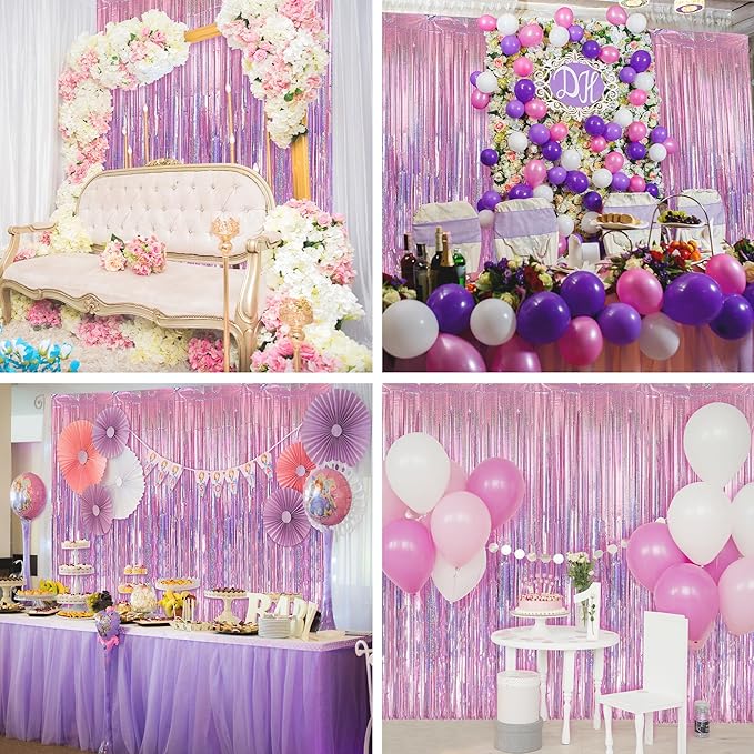 Crosize 2 Pack 3.3 x 9.9 ft Laser Pink Foil Fringe Backdrop Curtain, Streamer - Image 5