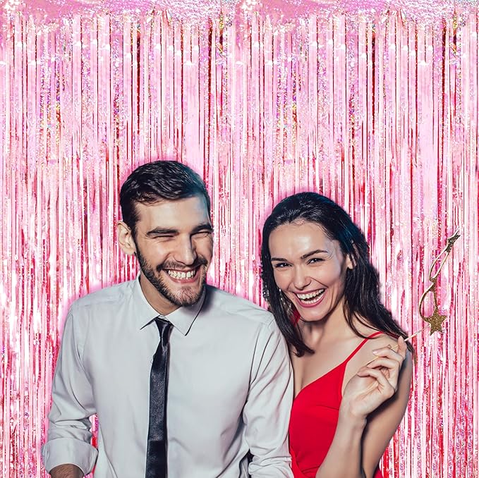 2 Pack 3.3x8.2 Feet Laser Pink Foil Fringe Backdrop Curtains, Tinsel Streamers - Image 7