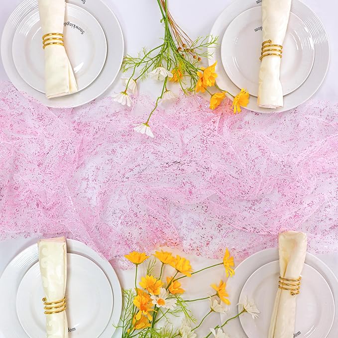 Snowkingdom 10 FT Pink Table Runner, Sequin Glitter Sheer Chiffon Gauze - Image 4