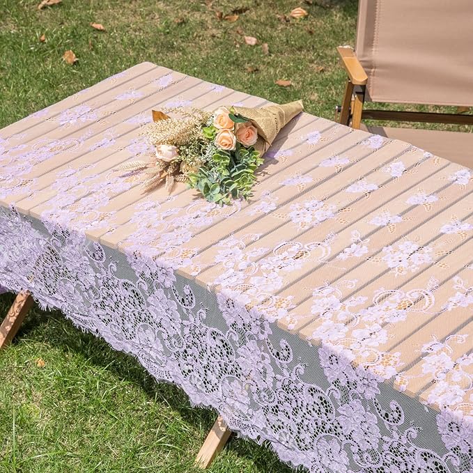 TINWIN Purple Lace Tablecloth 60x120 Inch Rectangle Vintage Runner Eyelash - Image 3