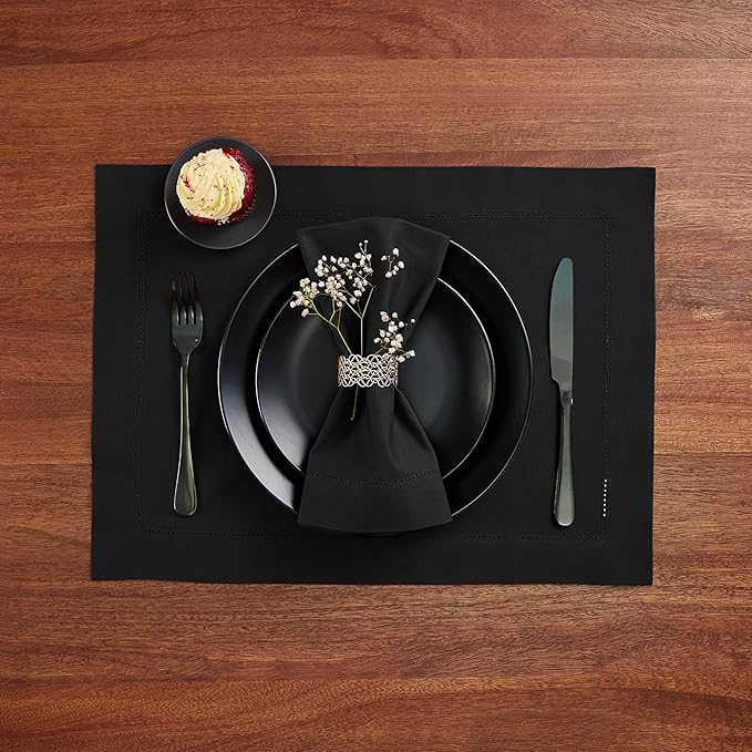Cotton Linen Placemat Set of 4 – Hemstitch Black Cloth Placemat-14 x 19 Inch – - Image 2