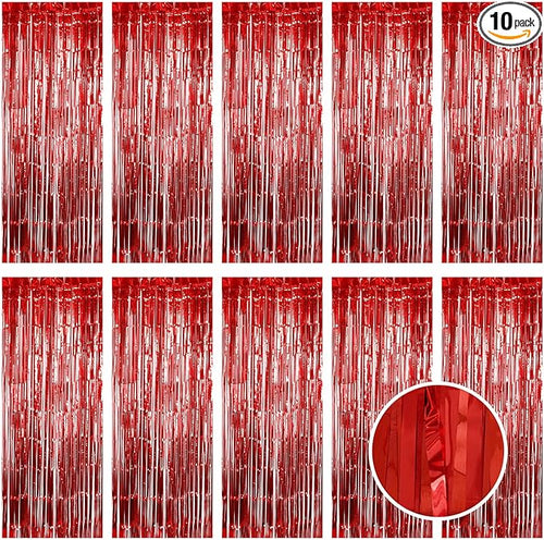 10 Pack Red Foil Curtain Backdrop 3.2ft x 9.8ft Metallic Tinsel Foil Fringe by Ohiyoo