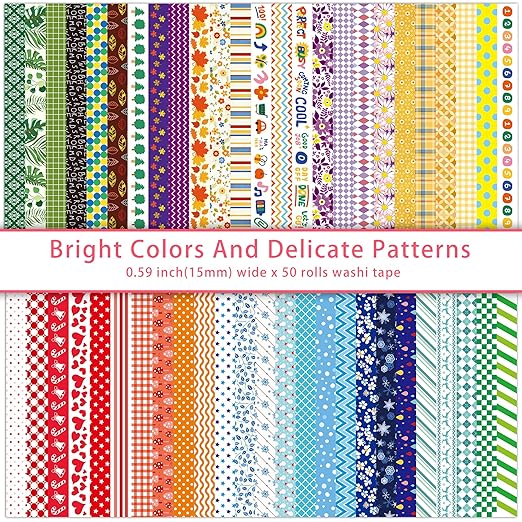 emmoolife 50 Rolls Washi Tape Set, 15mm Wide Rainbow Colored Tape Aesthetic - Image 2