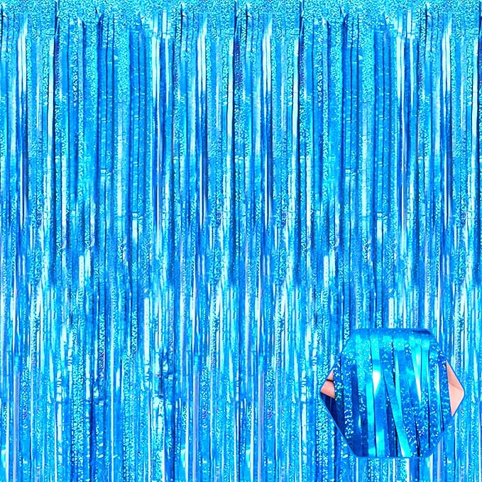 6 Pack Lake Blue Foil Fringe Curtain Backdrop, 3.28Ft x 8.2Ft Metallic Tinsel by Ferwzsr