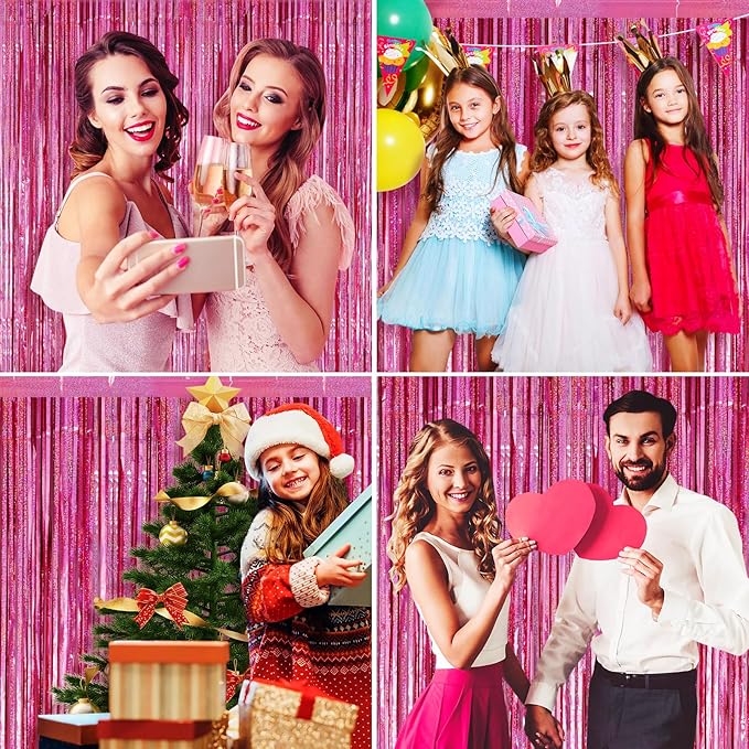 Picoway 4 Pack Pink Foil Fringe Tinsel Backdrop Curtains, Birthday Engagement - Image 7