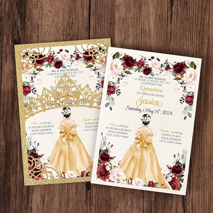 50Pcs Gold Crown Quinceanera Invitation - Image 2