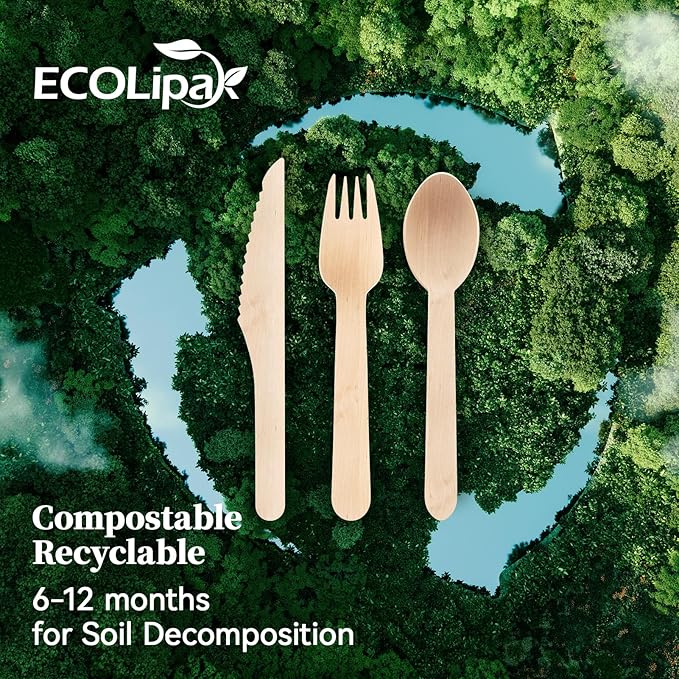 ECOLipak 300 Count Disposable Wooden Cutlery Set, 100 Knives, Forks and Spoons - Image 4