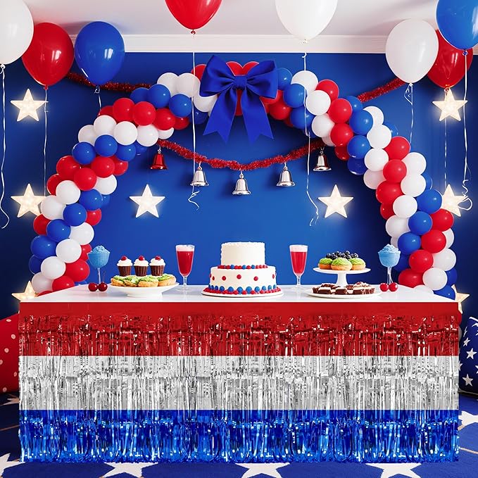 2 Pack Red&White&Blue Table Skirts, 29x108" Metallic Foil Tinsel Fringe Table - Image 2