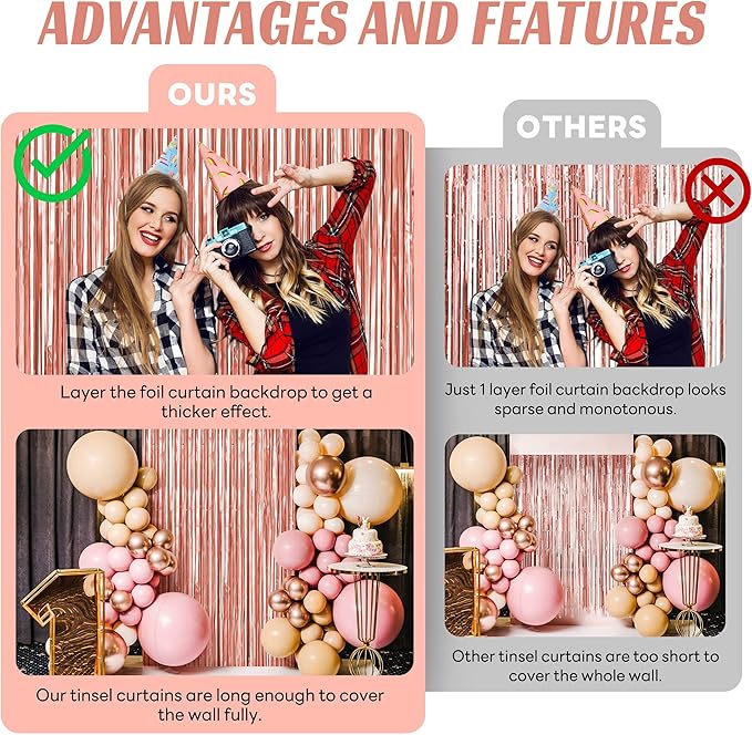 BTSD-home 4 Pack Rose Gold Foil Fringe Curtain, Metallic Photo Booth Backdrop - Image 4