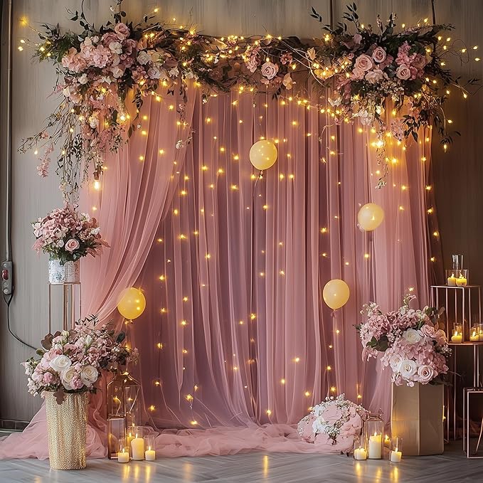 Tulle Backdrop Curtain with Lights String 10FT X 8FT Dusty Rose Sheer Tulle - Image 6
