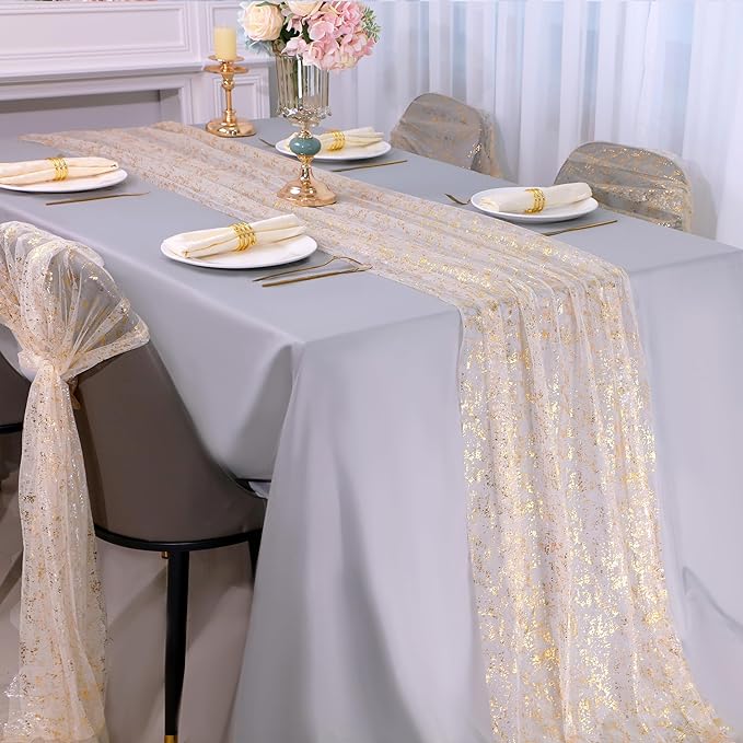 Snowkingdom 10 Ft Gold Table Runner, Sheer Chiffon Tulle Cheesecloth Golden - Image 2