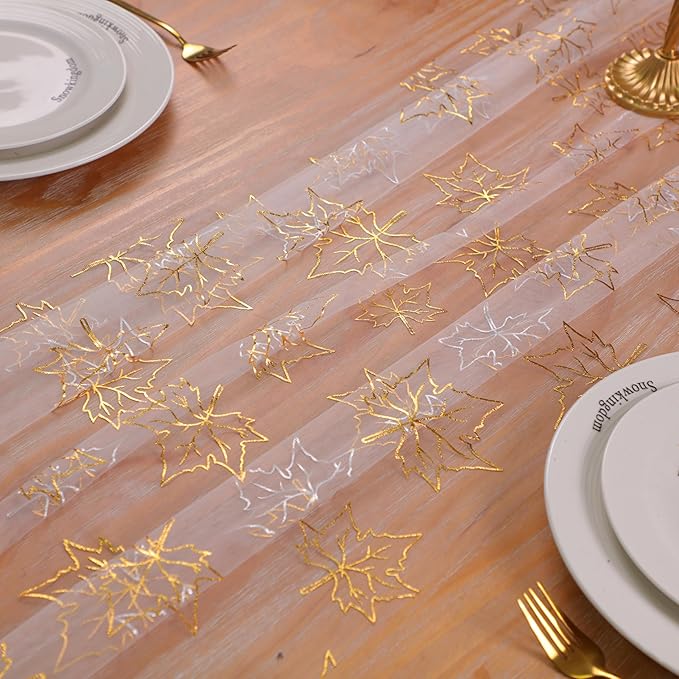 Snowkingdom Fall Table Runner, 10ft Gold Maple Leaves Gauze Chiffon Table - Image 7