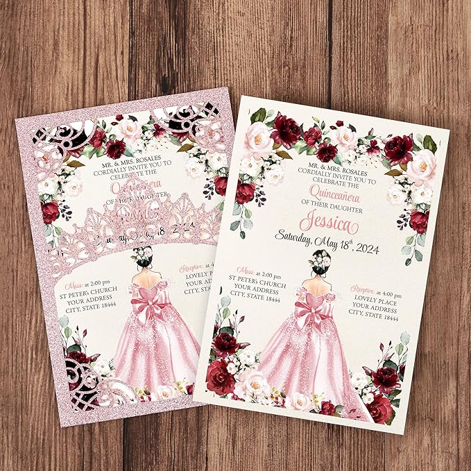 50Pcs Pink Crown Quinceanera Invitation Burgundy - Image 2