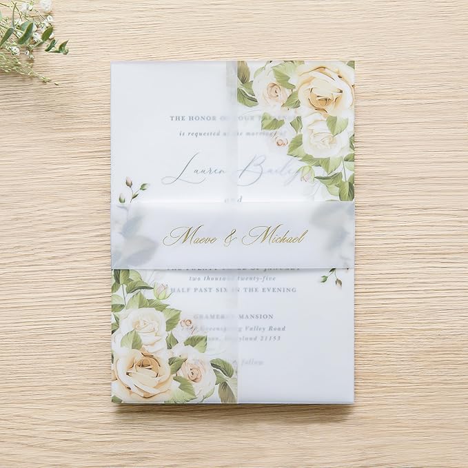 PONATIA 50PCS Vellum Jackets for 5x7 Invitation Cards- 135GSM Champagne Flowers - Image 7