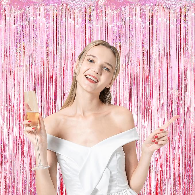 4 Pack 3.3x8.2 Feet Laser Pink Foil Fringe Backdrop Curtains, Tinsel Streamers - Image 6