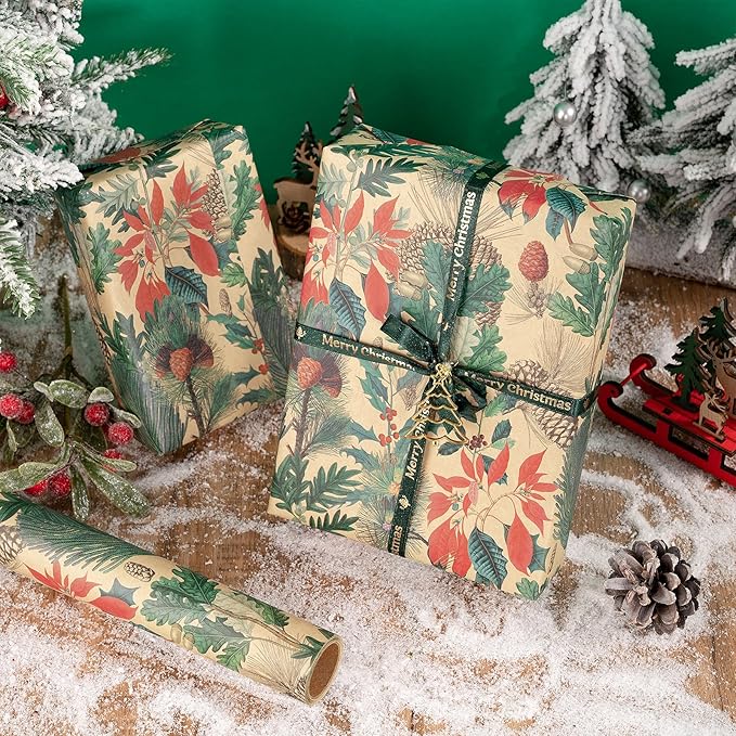 RUSPEPA Kraft Christmas Wrapping Paper Roll, Mini Roll, Watercolor Winter - Image 4