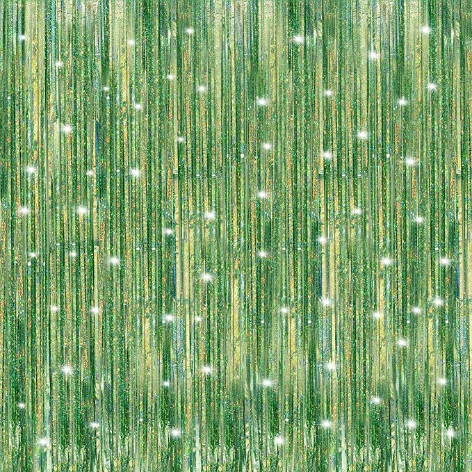 Crosize 2 Pack 3.3 x 9.9 ft Laser Green Foil Fringe Curtains Party Decorations by Crosize