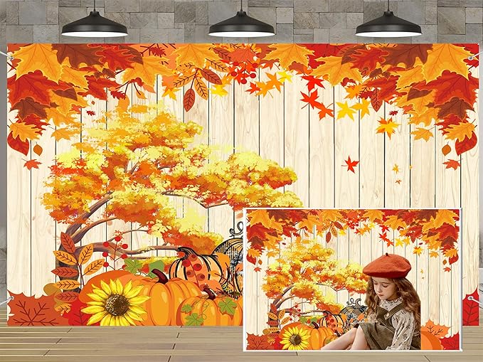 QGHOT Fall Tapestry Wall Hanging Autumn Photo Backdrop Rustic Orange Wood - Image 5