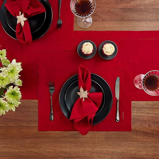 Cotton Linen Placemats Set of 4 – Hemstitch Red Cloth Placemats 14 x 19 Inch – - Image 3
