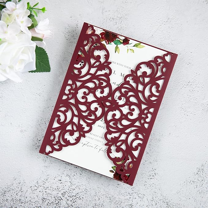20Pcs Burgundy Laser Cut Invitation Cards - Image 7