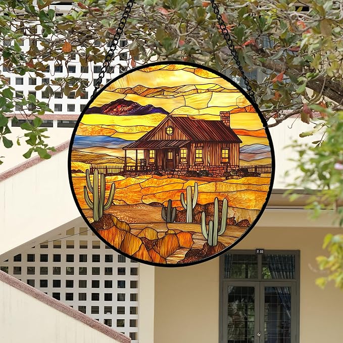 Stained Glass Window Hanging 4 Pcs Set Desert Sunset Theme Landscape 9.8" - Image 3
