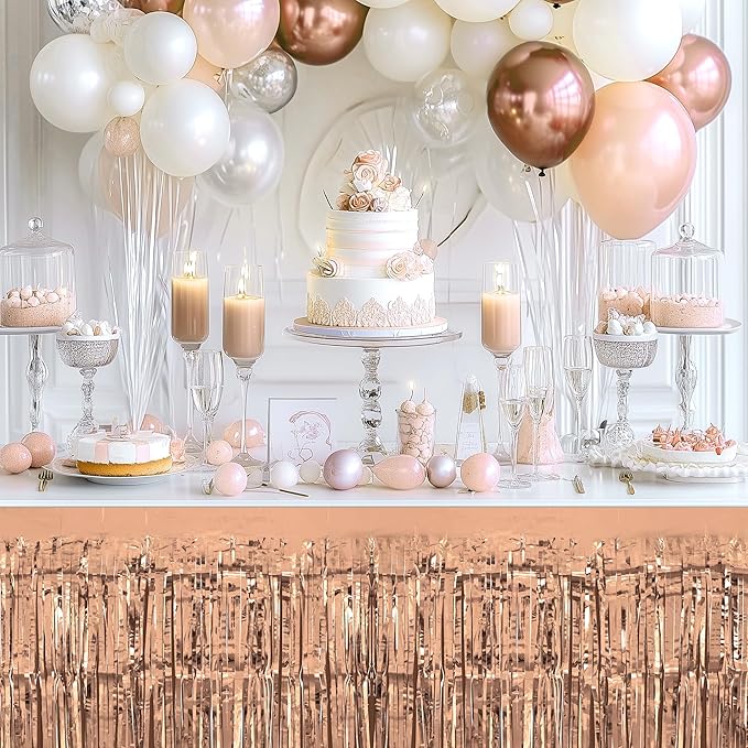 2 Pack Rose Gold Table Skirts, 29x108" Metallic Foil Tinsel Fringe Table Skirts - Image 5