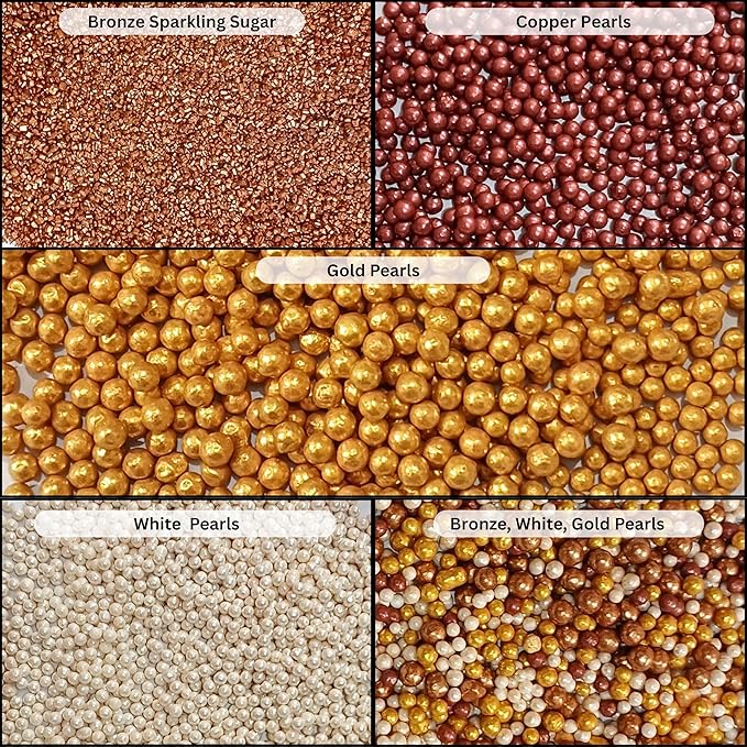 Confect Sprinkle Mix – Edible Gold, Bronze & White Sugar Pearls - Image 2