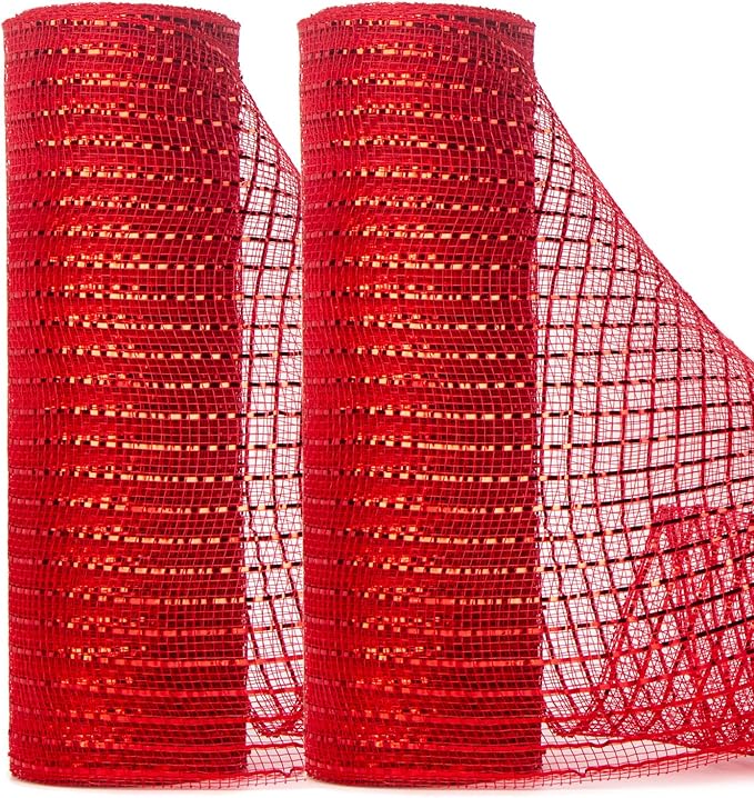 Ribbli 2 Rolls Red Mesh Ribbon, 10 inch x 30 feet Each Roll, Metallic Red by Ribbli