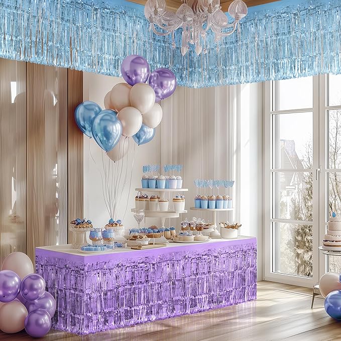 2 Pack Light Blue Light Purple Table Skirts, 29x108" Metallic Foil Tinsel - Image 7
