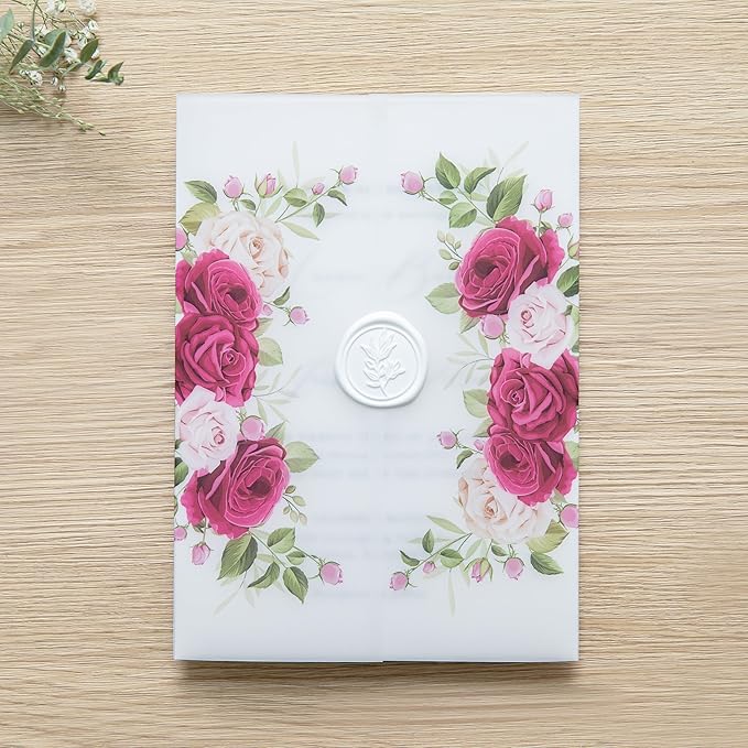 PONATIA 50PCS Vellum Jackets for 5x7 Invitation Cards- 135GSM Fuchsia Flowers - Image 8