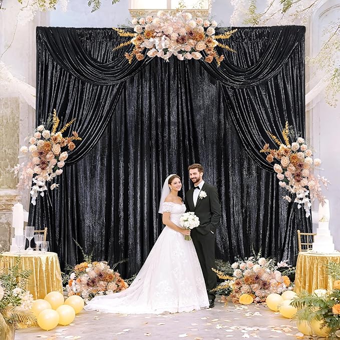 9.6x8FT Black Sequin Curtains: Photo Backdrop Drapes 2 Pieces 4.8x8FT Birthday - Image 2