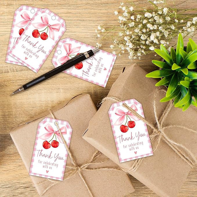 Cherry Gift Tags, 2x3.5 Inch Pink Bow Gift Tags, Paper Personalized Design - Image 3