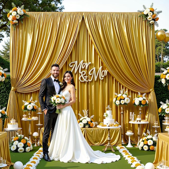 Golden Brown Satin Backdrop Curtains 2 Panels - Image 6