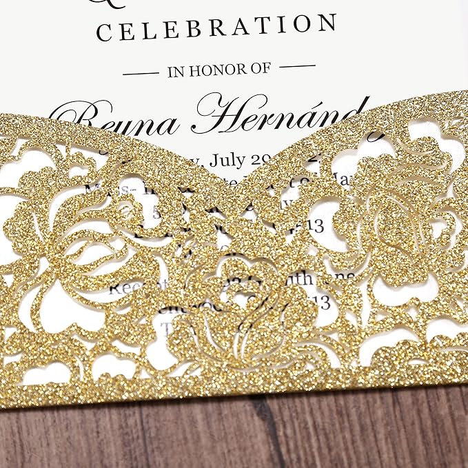 DORIS HOME 50pcs Laser Cut Quinceanera Invitations Gold Glitter, 4.7x7.1 - Image 5