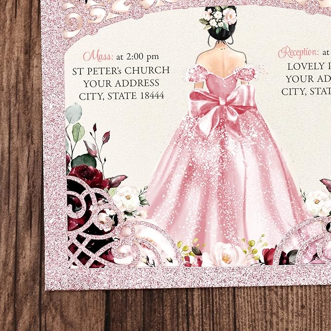 50Pcs Pink Crown Quinceanera Invitation Burgundy - Image 5