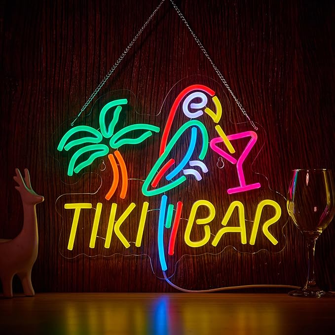 Tiki Bar Neon Sign for Wall Décor Dimmable LED Parrot Palm Tree Cocktails Signs by Unknown