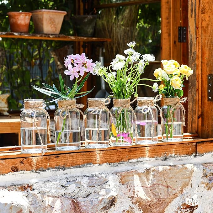 Set of 6 Vintage Glass Vases for Flowers Farmhouse Clear Glass Vases for - Image 2