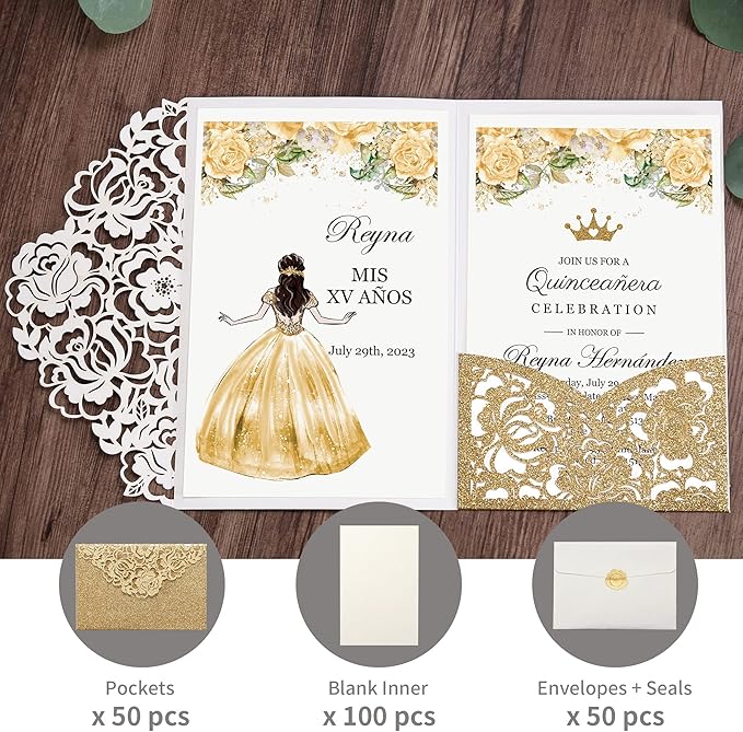 DORIS HOME 50pcs Laser Cut Quinceanera Invitations Gold Glitter, 4.7x7.1 Blank - Image 4