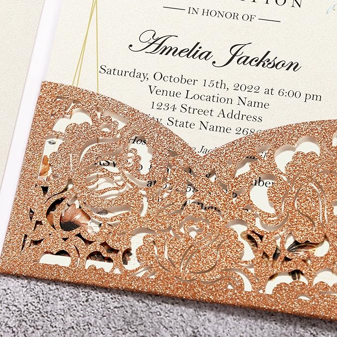 DORIS HOME 50pcs Laser Cut Quinceanera Invitations Terracotta Glitter, 4.7x7.1 - Image 6