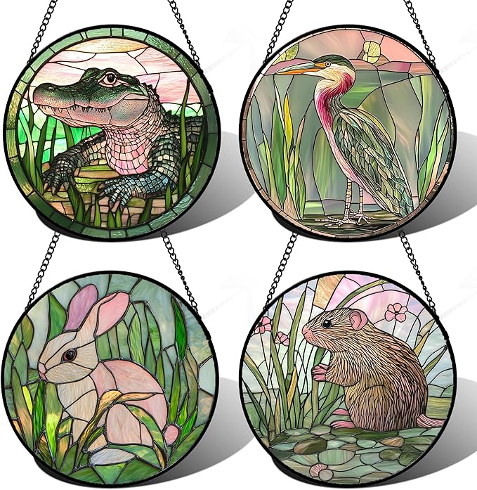 Stained Glass Window Hanging 4 Pcs Set Cute Animal Large 11.8"- Green Plant by DASTOLL