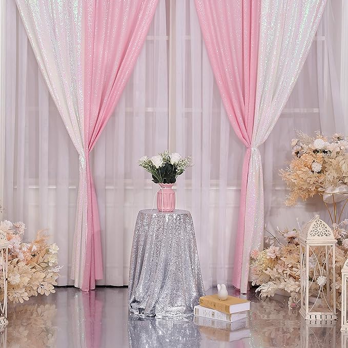 Pink Sequin Backdrop Curtains, 2 Panels 2ft x 8ft Sequin Photography Backdrop - Image 3