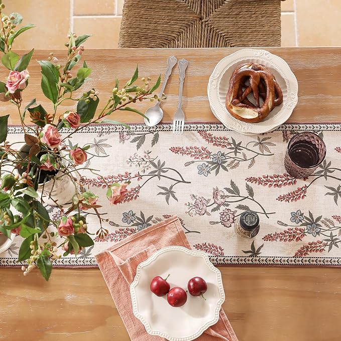 ISAENNE Designer Light Beige Linen Table Runner 87 Inches Long, Vintage Floral - Image 6