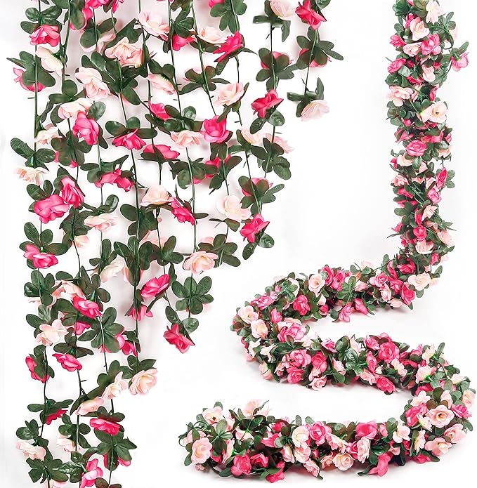 Miracliy 5Pcs 41FT Pink Flower Garland Artificial Rose Arch Vines Fake Spring by Miracliy