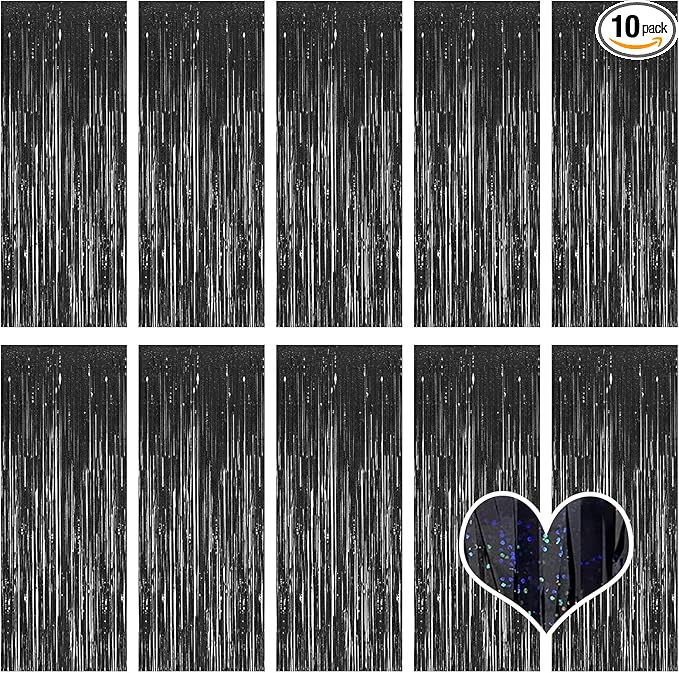 10 Pack Black Backdrop Curtain 3.2ft x 8.2ft Metallic Tinsel Foil Fringe by Ohiyoo