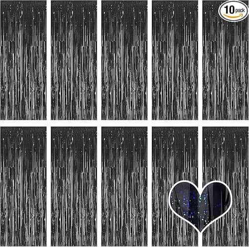 10 Pack Black Backdrop Curtain 3.2ft x 8.2ft Metallic Tinsel Foil Fringe by Ohiyoo