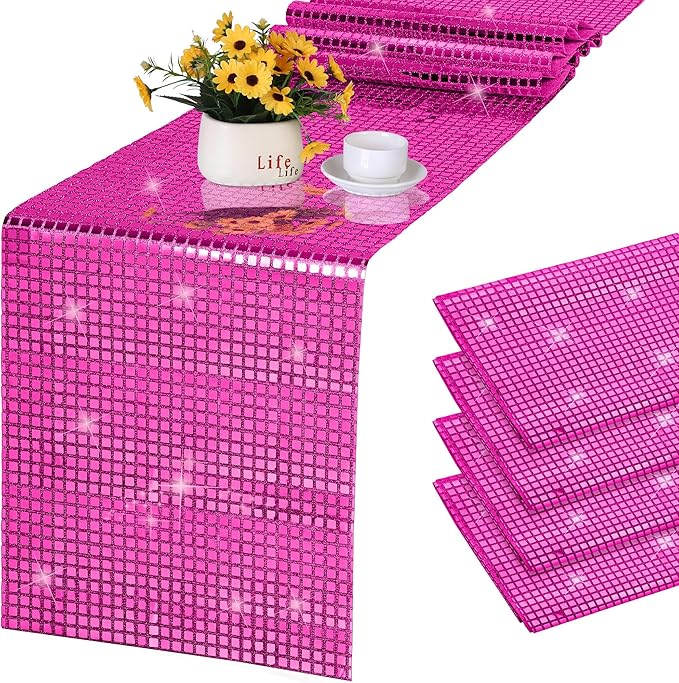 Durony 4 Pack Disco Table Runner 11 x 108 Inch Mirror Hot Pink Glitter Foil by durony