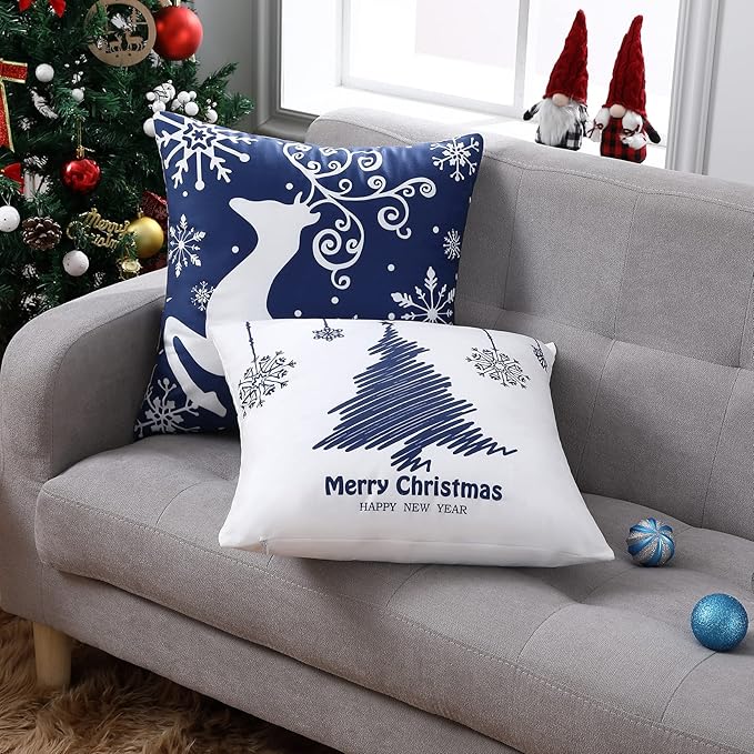 Christmas Pillow Covers 20X20 Set of 4 Navy Blue white Christmas Decorations - Image 4