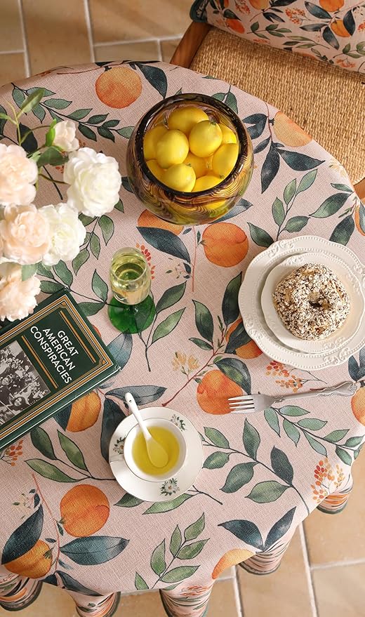 patdrea Designer Linen Small Round Table Cloth, Vintage Framhouse Oranges and - Image 8