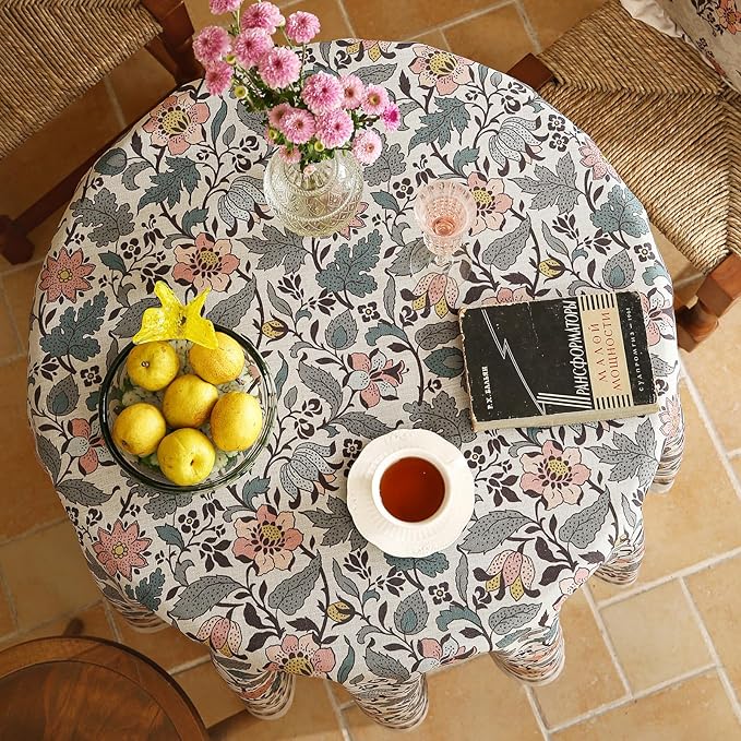 ISAENNE Designer Boho Floral Small Round Tablecloth, Linen Lotus Flower Pattern - Image 6
